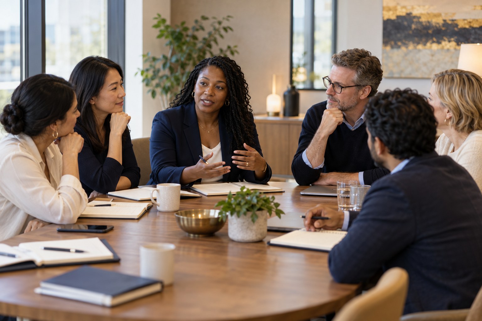 Illustrative image of women and men from diverse backgrounds sharing ideas in a leadership workshop.